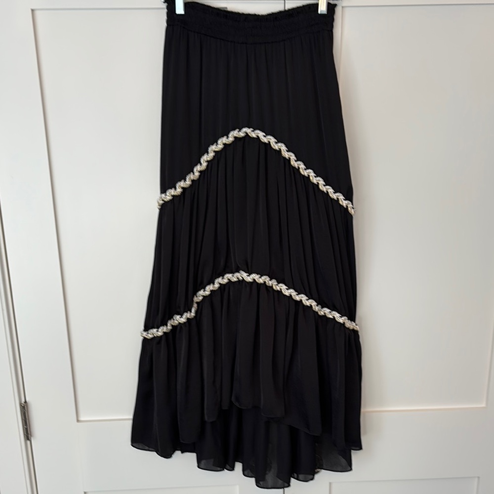 Misa Black Maxi Skirt with Pleated High-Low Tiered Design Sz M